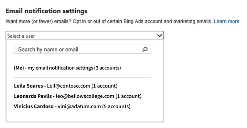 email notification settings in Bing Ads account screenshot