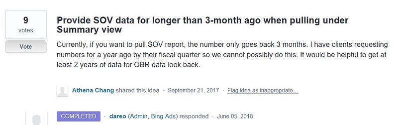 Provide more than 3-months worth of SOV data request in UserVoice Forum