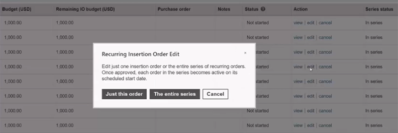 Product view of editing a recurring insertion order