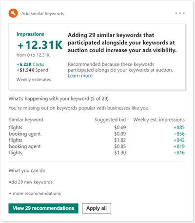 Product view of Bing Ads Competition tab recommendations, add similar keywords view.