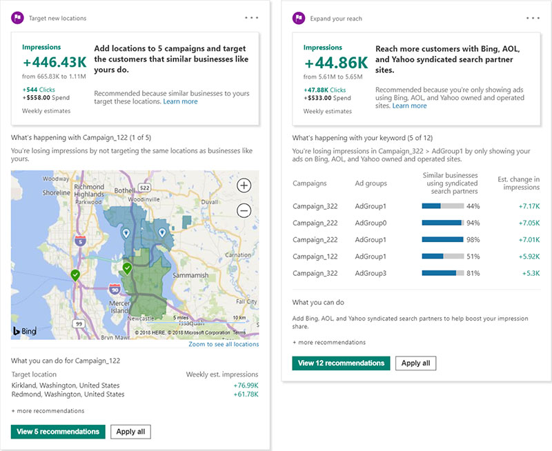 Product view of Bing Ads Competition tab recommendations, Target new locations and Expand your reach views.