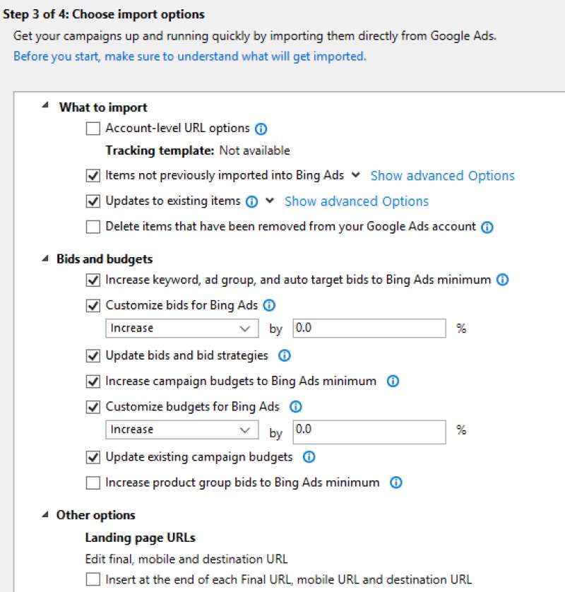 Product view of Bing Ads Editor Google Ads import options.