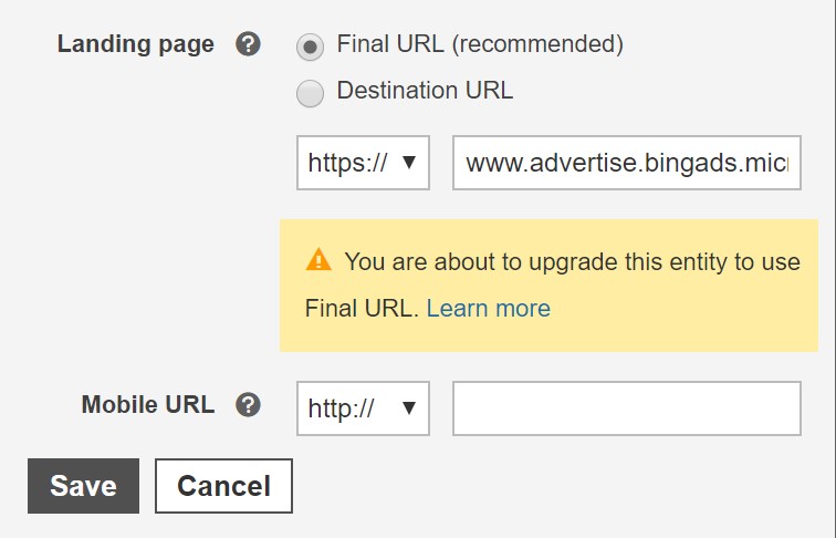 Product view of Bing Ads edit Final URL pop-up window.