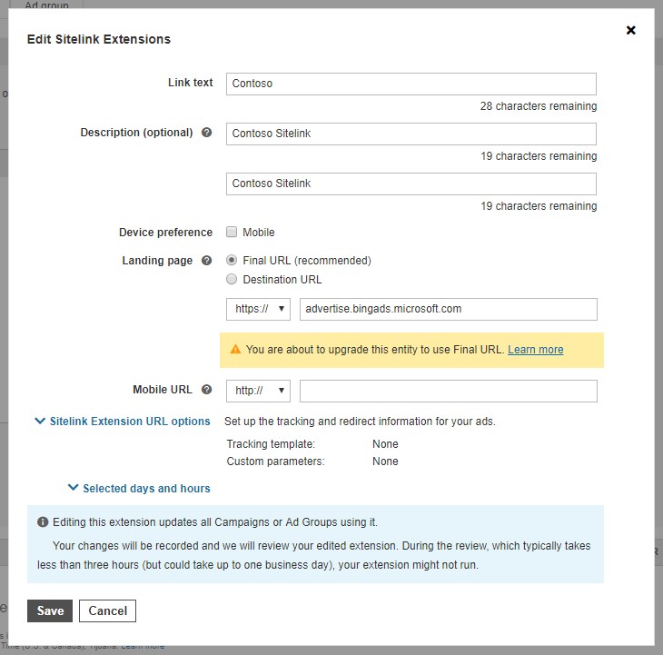 Product view of Bing Ads Edit Sitelink Extensions dialogue window.
