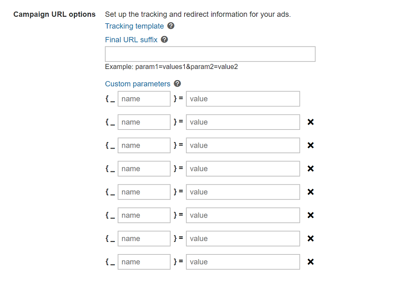 Product view of Campaign URL options showing eight Custom parameters fields.