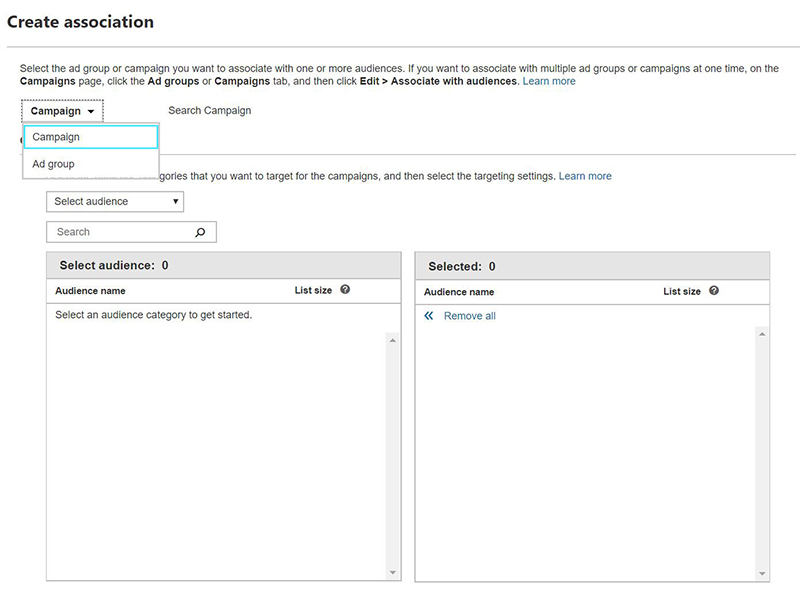 Product view of create association dialogue on the campaign tab.