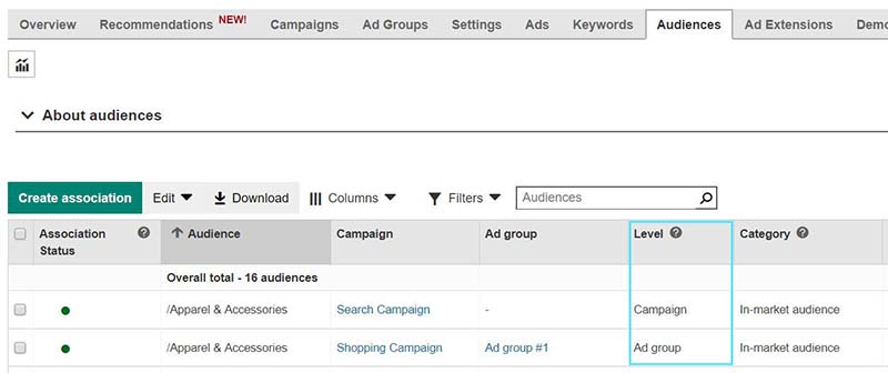 Product view of the level column in the audiences tab.