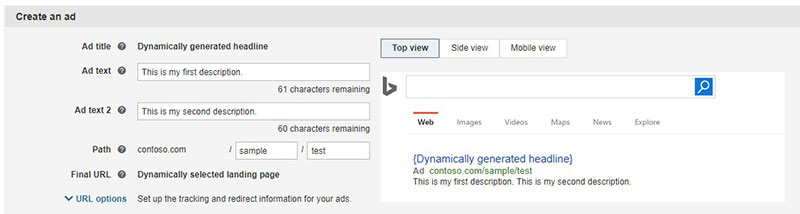 Product view of the create an ad dialogue window, showing new ad text fields.