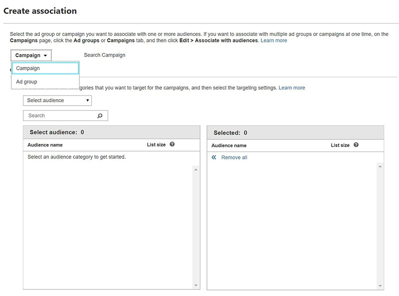 Product view of create association dialogue on the campaign tab.