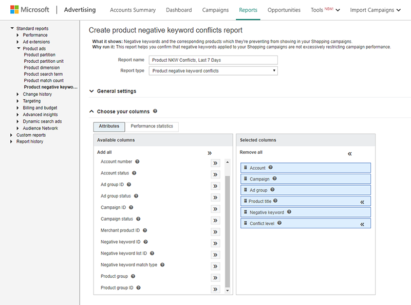 Product view of the product negative keyword conflicts report on the Reports tab.