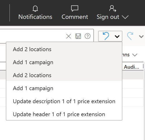 Product view of the Microsoft Advertising Editor undo and redo dropdown.