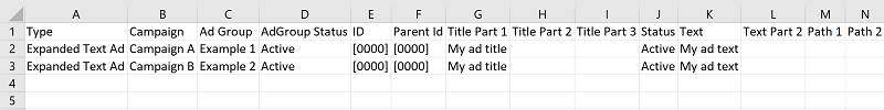Product view of a spreadsheet example of exported text ads.