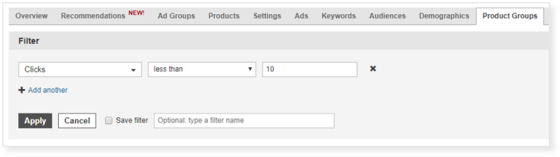 Product view of filtering capabilities on the product groups tab.