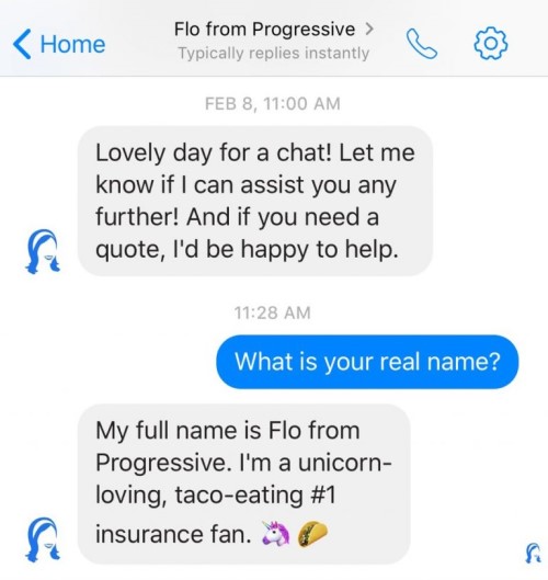 Product view of a sample chat session with the Flo from Progressive virtual assistant.