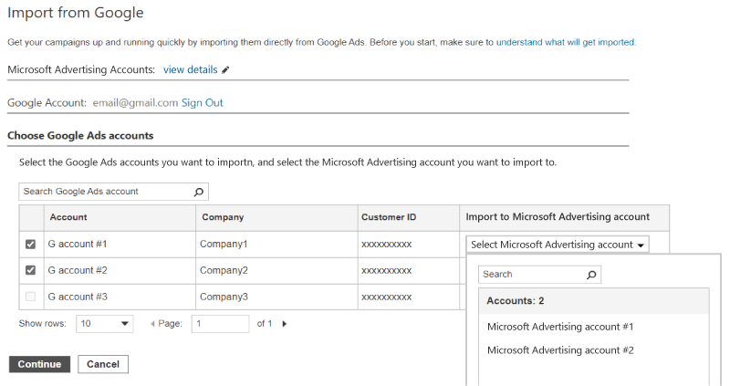 Product view of the import to Microsoft Advertising account dropdown in the Import from Google window.