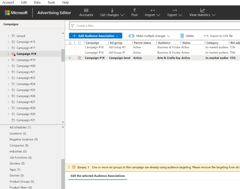 Product view of an exclusion rule displayed in Microsoft Advertising Editor interface.