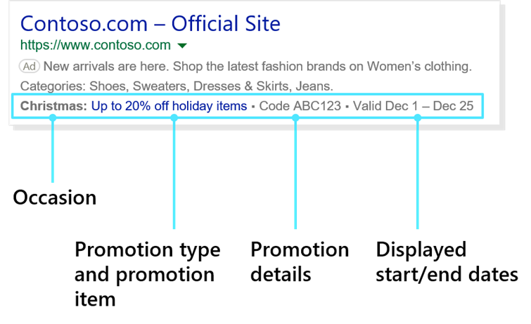 Product view of Promotion Extensions as they appear in a sample ad.