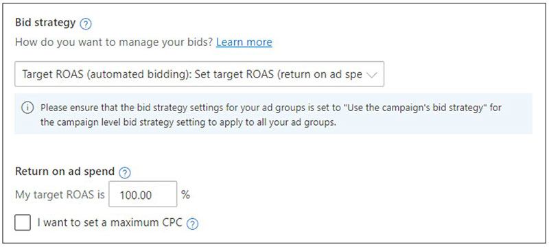 Product view of the interface window for setting up Target ROAS.
