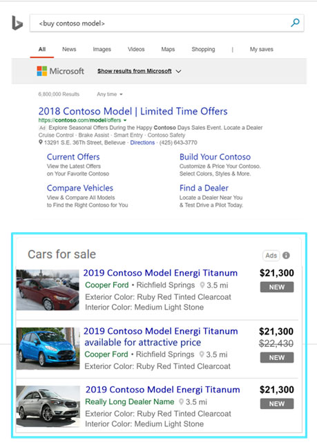 Product view of Automotive ads on the right rail of the search engine results page of Microsoft Bing.