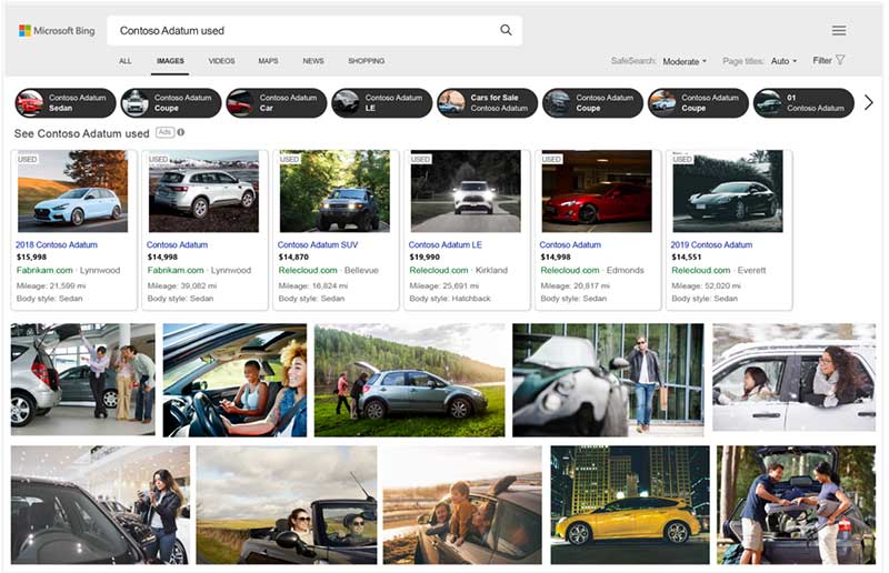 Product view of Automotive ads on the image results page of Microsoft Bing.
