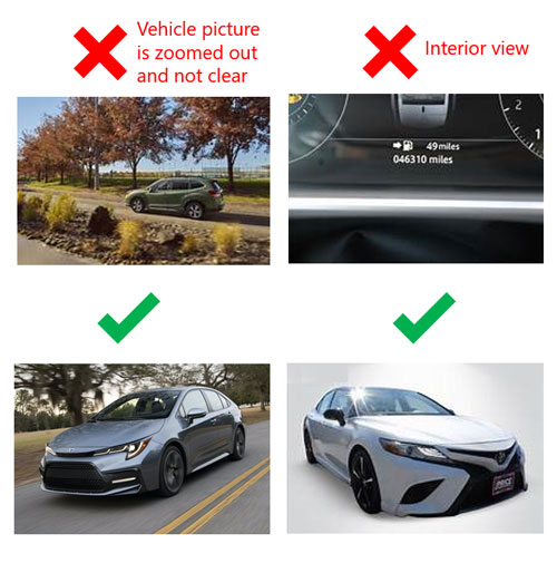 Examples of auto images that are not effective for automotive ads, zoomed too far out on the exterior, and zoomed too close on the interior.