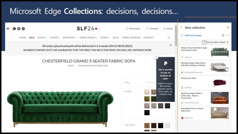 Image with title: 'Microsoft Edge Collections: decisions, decisions...'. Image of a web page of a sofa featuring Microsoft Edge collections on the side.