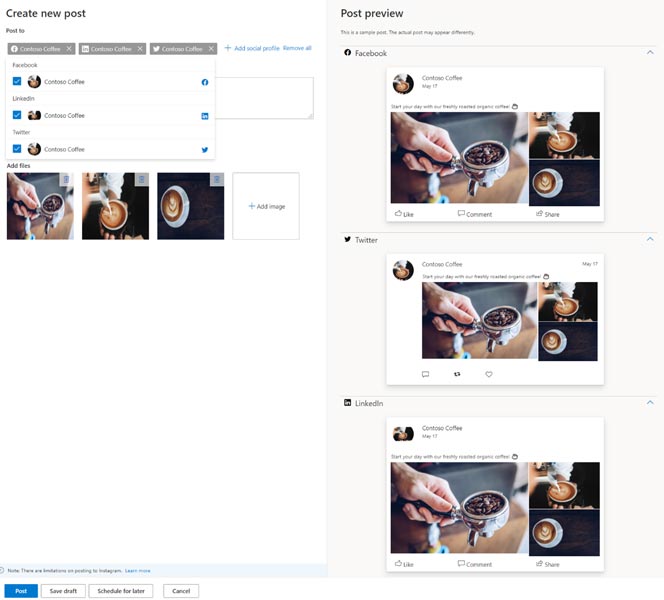 Product view of the Social media post creation window.