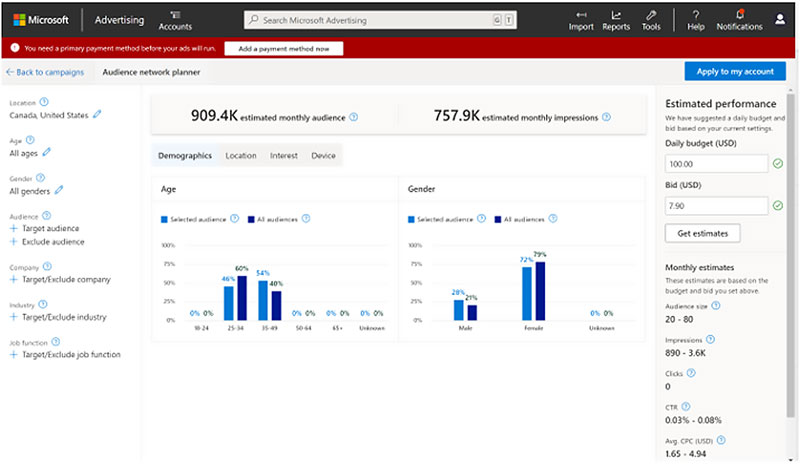 Product view of the Audience network planner interface.