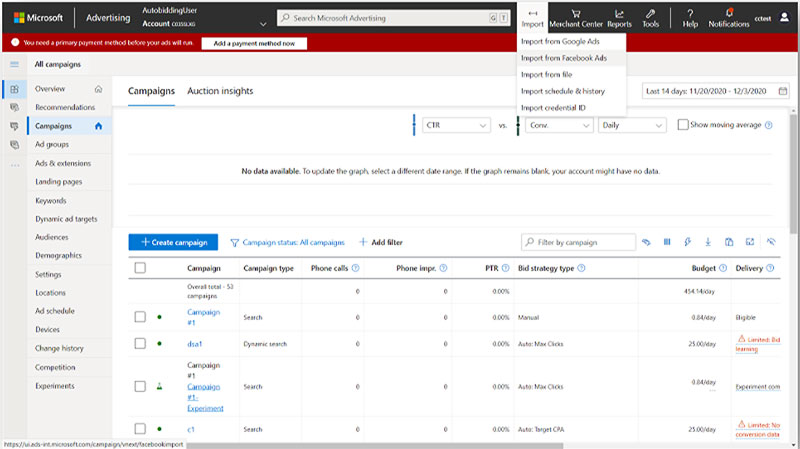Product view of the Campaigns interface, showing Import from Facebook Ads selected in the dropdown.