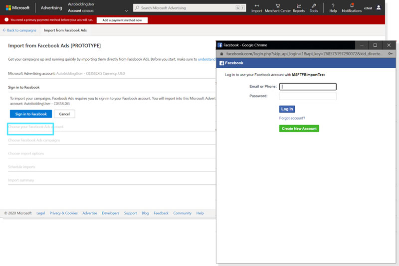 Product view of the log in to Facebook popup window.