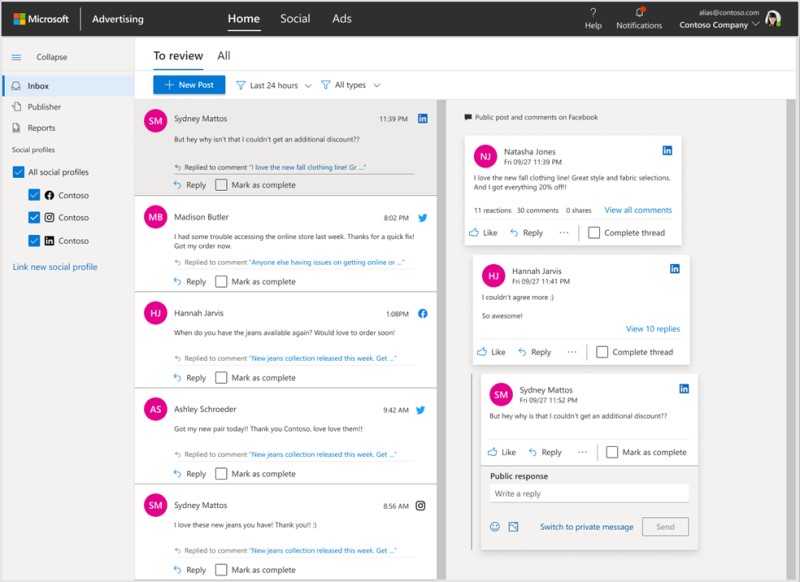 Product view of the consolidated inbox, showing messages from Facebook, Instagram, Twitter and LinkedIn, on the Microsoft Advertising home tab.