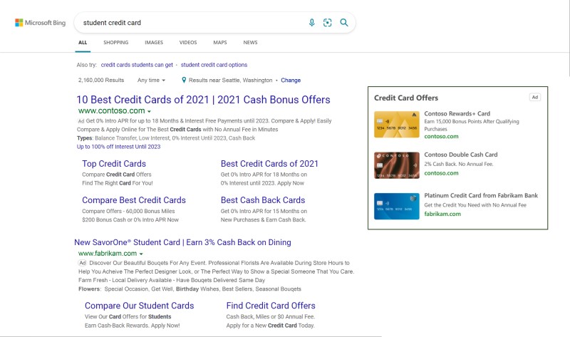 Product view of a sample Credit card ad displayed in the right rail of the search engine results page.
