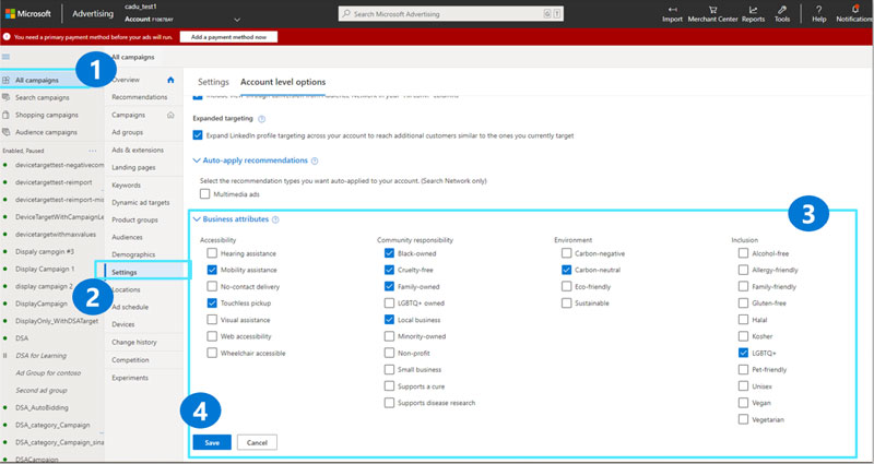 Product view of the Ad campaigns section in the Microsoft Advertising interface, with the available checkboxes for Marketing with Purpose Business Attributes.