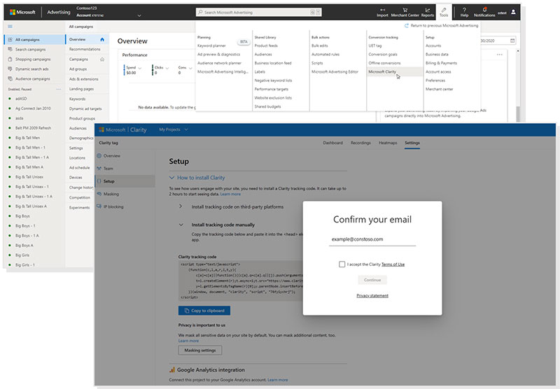 Product view of Microsoft Clarity setup page.