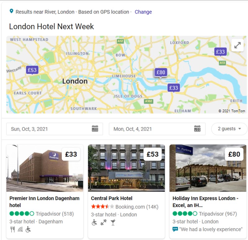 Microsoft Hotel Price Ads showing feed-based offerings based upon user searches for location and date.