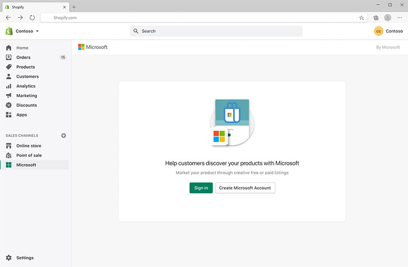 Sample Shopify page showing how to sign into Microsoft.
