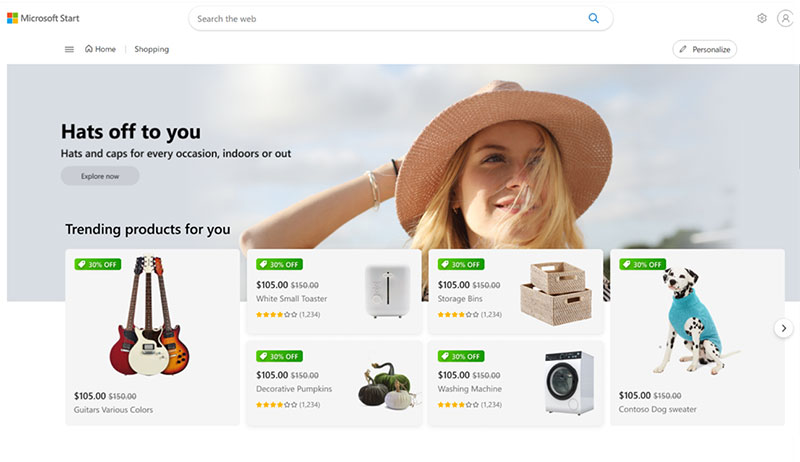 Product Listings examples on the Microsoft Start Shopping tab.