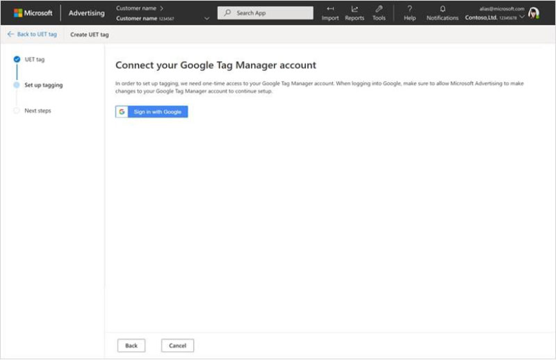 Sample of Connect your Google Tag Manager account page.