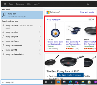 Product view of Microsoft Bing search results in the Windows search taskbar.