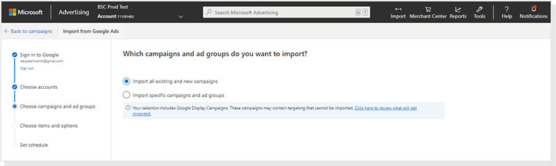 A screenshot of the dashboard for choosing which Google Ads campaigns to import.