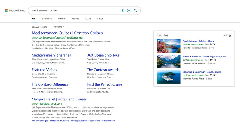 Snapshot of an example of Cruise Ads in a search results page view.