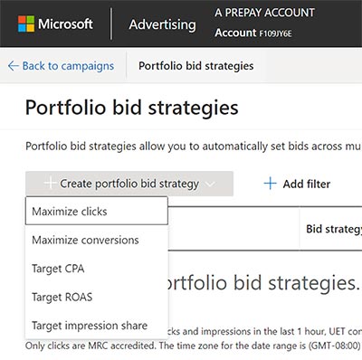 Snapshot of the options for creating portfolio bid strategies