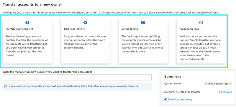 Sample of the platform for transferring accounts to a new owner.