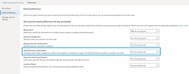 Snapshot of email preferences platform to select whether to be notified or not.