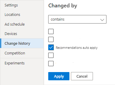 Snapshot of the Change history page with Recommendations auto apply option selected.