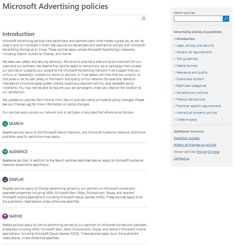 Snapshot of the Microsoft Advertising policies including Search, Audience, Display, and Native.