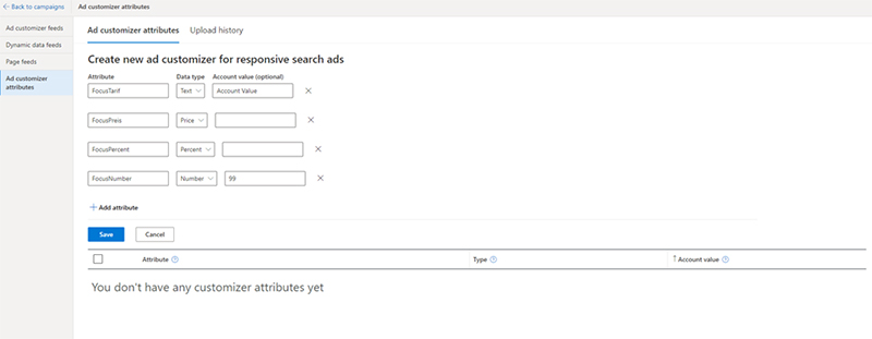 View of the ad customiser attributes section.
