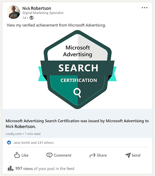 Snapshot of the Search digital badge shared on LinkedIn.