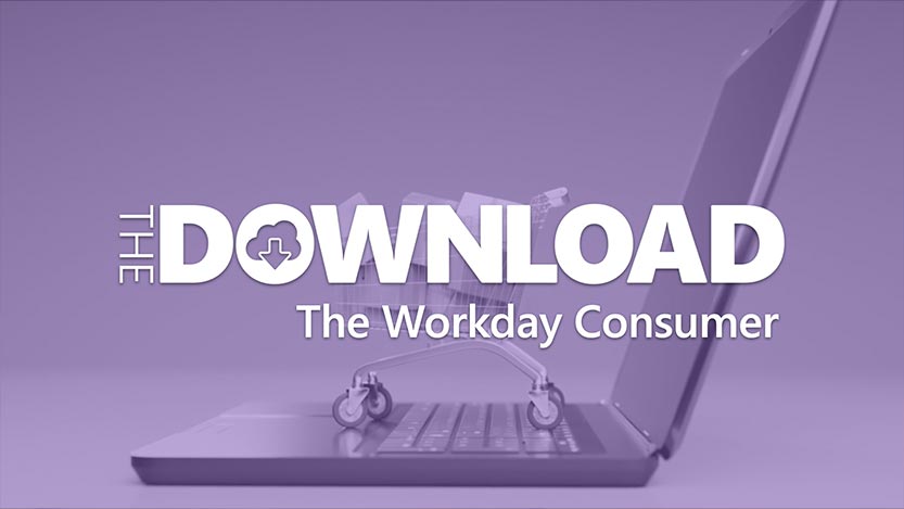 The words ‘The Download: The Workday Consumer’ read over an image of a tiny shopping cart standing on top of a laptop computer.
