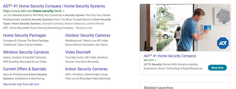 ADT customer Multimedia Ads example on a Microsoft Bing search engine results page.